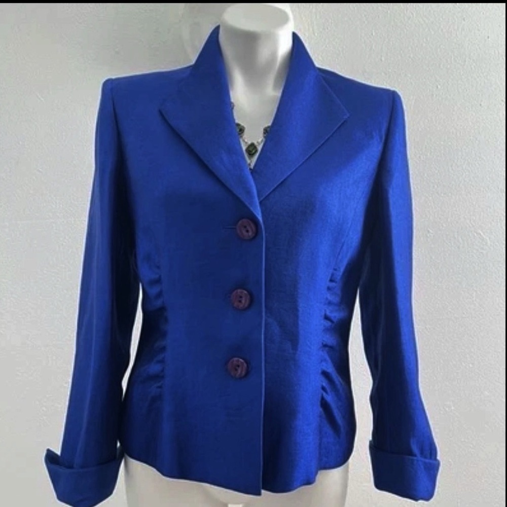 NEW Kasper Sapphire Blue blazer jacket silk look elegant cuff sleeve SIZE 8
